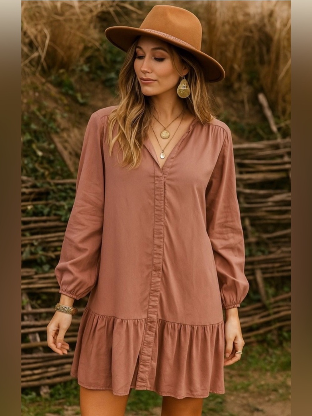 Buffalo David Bitton Mauve Brown Long Sleeve V-Neck Tiered Dress